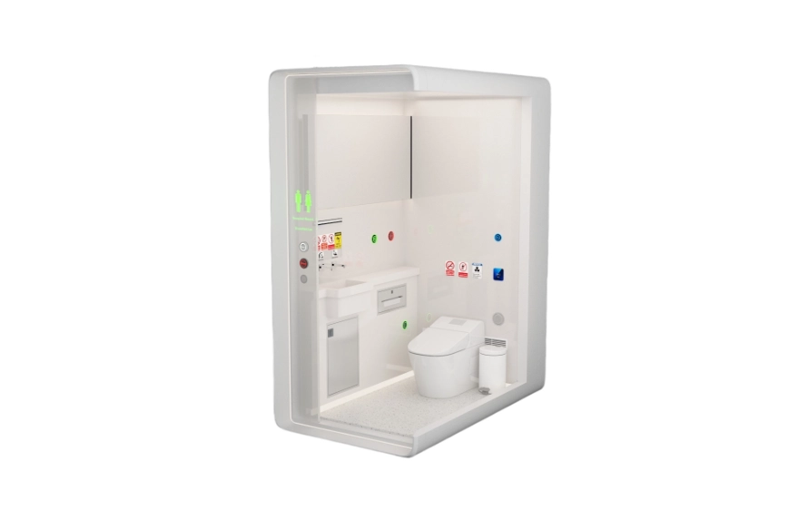 mobile restroom solution with built‑in tank and no external hookup